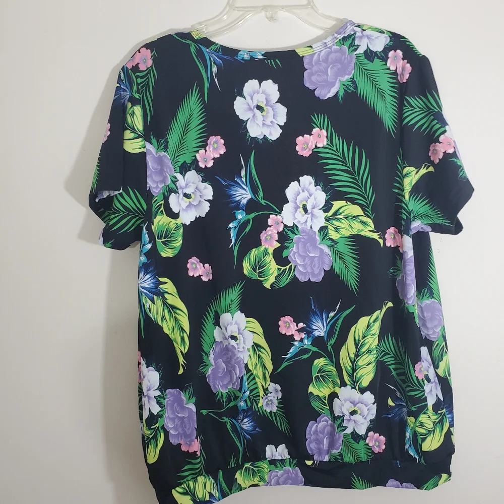 NWT Cacique Two Piece Swimsuit Blouson Tee Bikini Bottom Black Floral Size 18